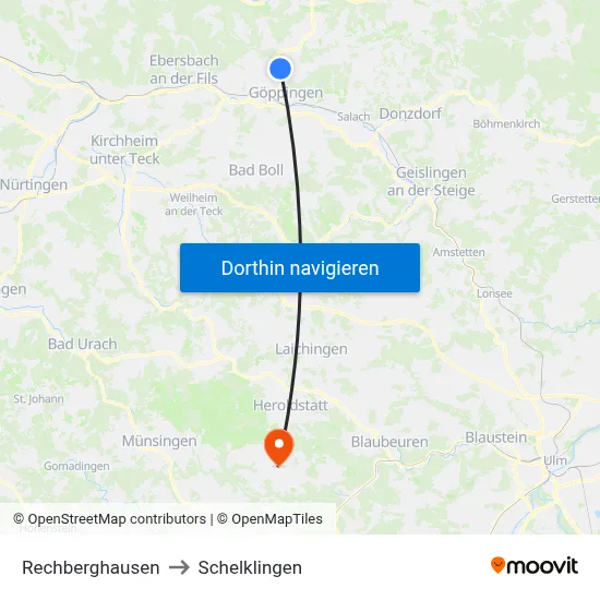 Rechberghausen to Schelklingen map