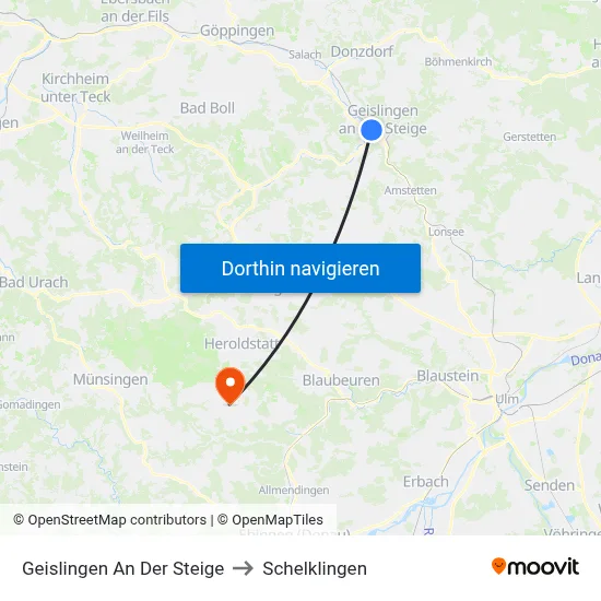 Geislingen An Der Steige to Schelklingen map