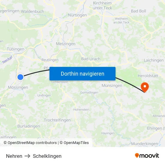 Nehren to Schelklingen map