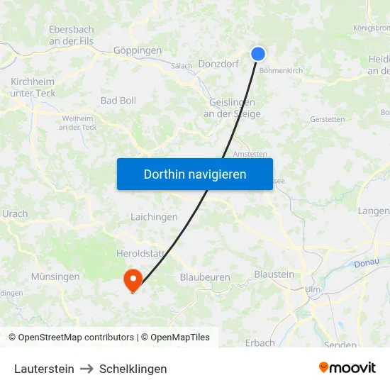 Lauterstein to Schelklingen map