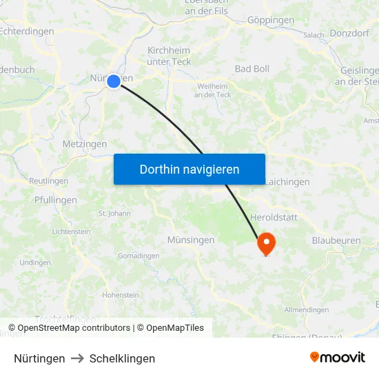 Nürtingen to Schelklingen map