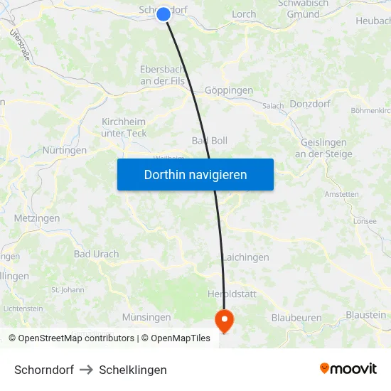Schorndorf to Schelklingen map