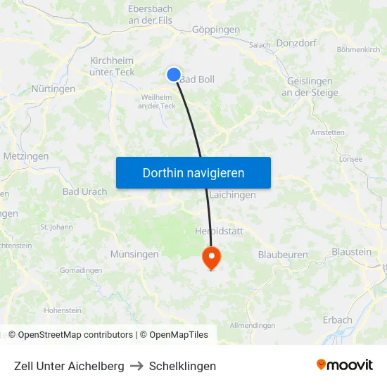 Zell Unter Aichelberg to Schelklingen map