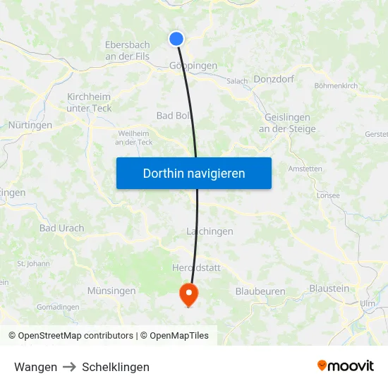 Wangen to Schelklingen map