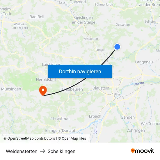 Weidenstetten to Schelklingen map
