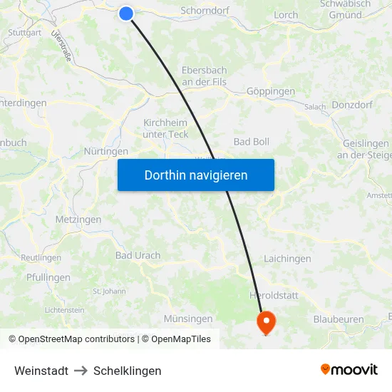 Weinstadt to Schelklingen map