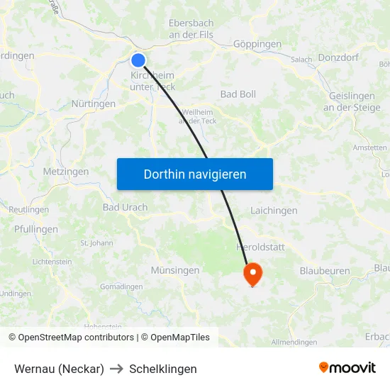 Wernau (Neckar) to Schelklingen map