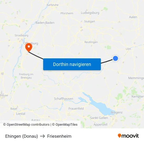 Ehingen (Donau) to Friesenheim map