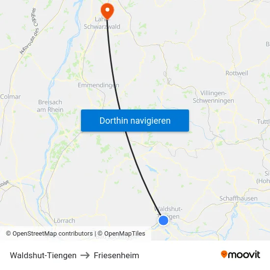 Waldshut-Tiengen to Friesenheim map