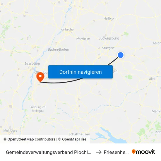 Gemeindeverwaltungsverband Plochingen to Friesenheim map