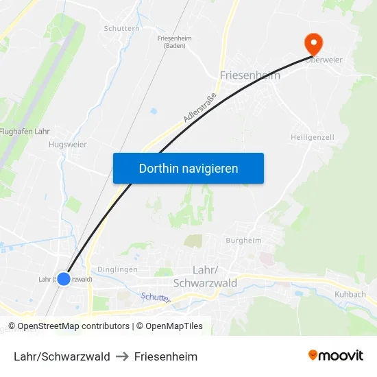 Lahr/Schwarzwald to Friesenheim map