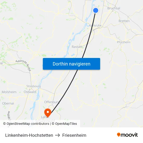 Linkenheim-Hochstetten to Friesenheim map
