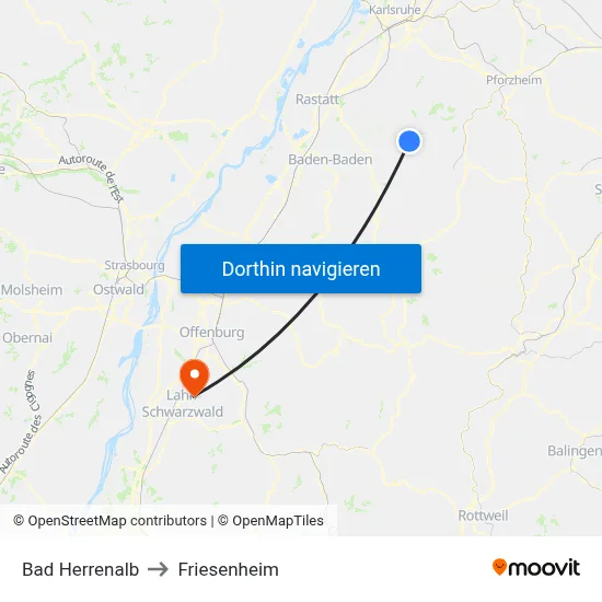 Bad Herrenalb to Friesenheim map