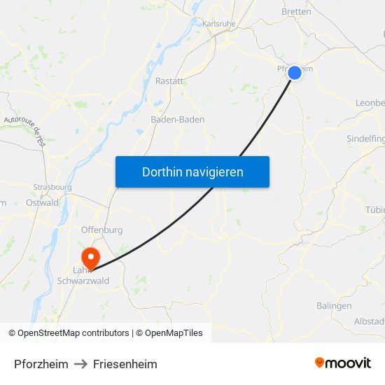 Pforzheim to Friesenheim map