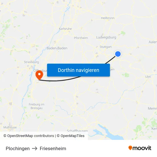 Plochingen to Friesenheim map