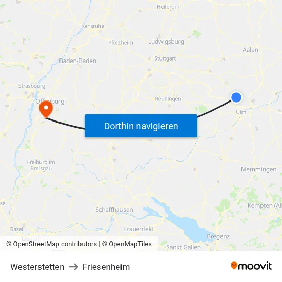 Westerstetten to Friesenheim map