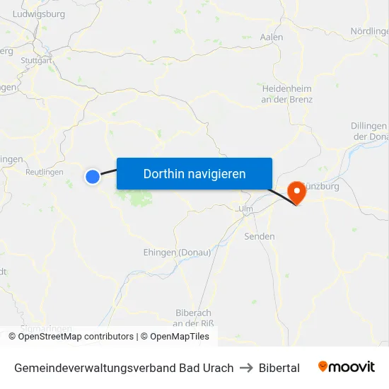 Gemeindeverwaltungsverband Bad Urach to Bibertal map