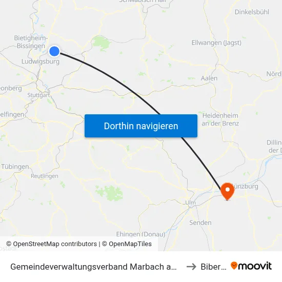 Gemeindeverwaltungsverband Marbach am Neckar to Bibertal map