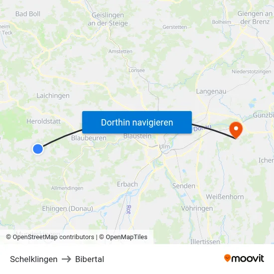 Schelklingen to Bibertal map