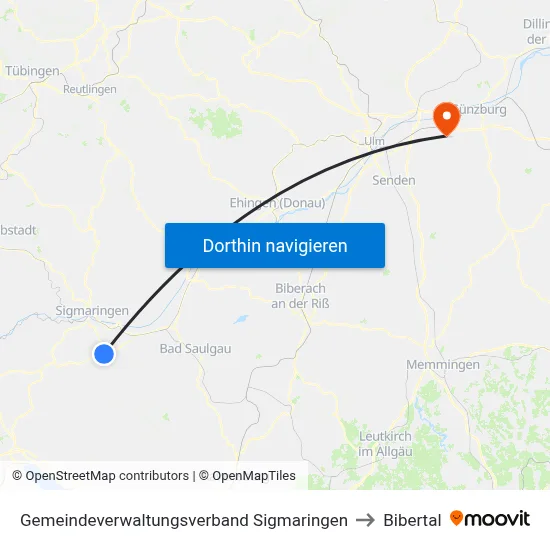 Gemeindeverwaltungsverband Sigmaringen to Bibertal map