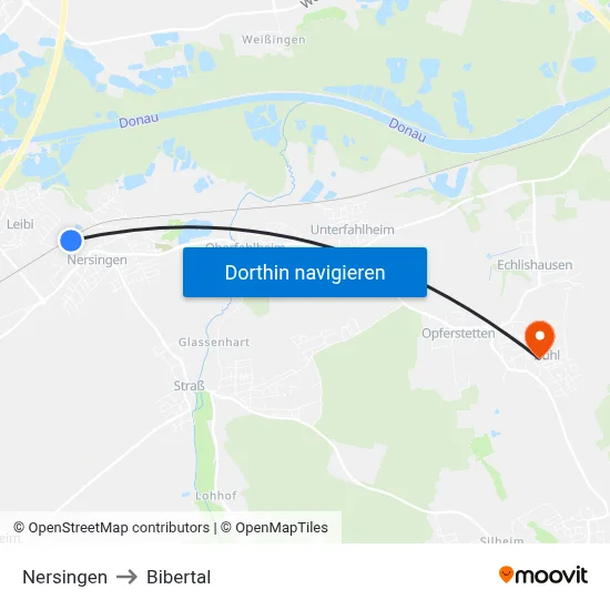 Nersingen to Bibertal map