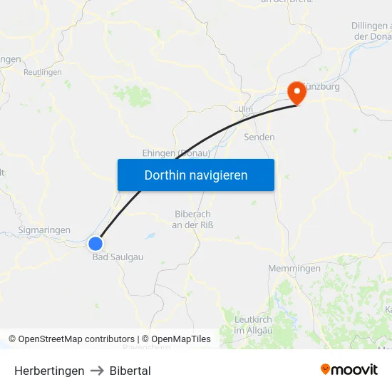 Herbertingen to Bibertal map