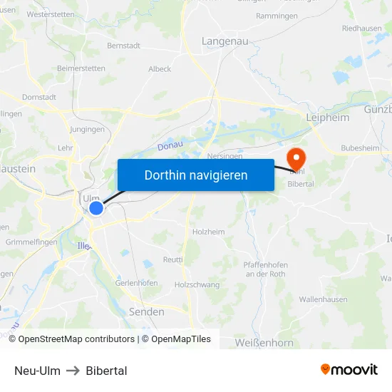 Neu-Ulm to Bibertal map