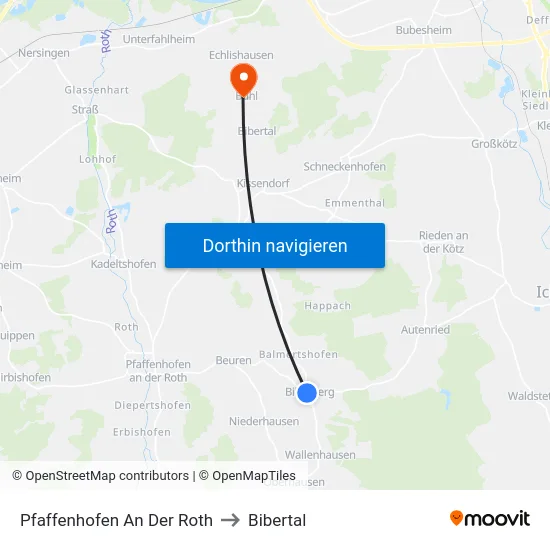 Pfaffenhofen An Der Roth to Bibertal map