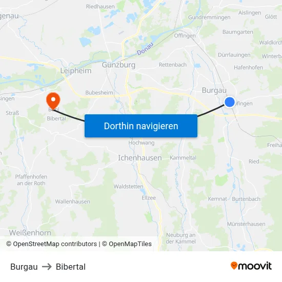 Burgau to Bibertal map
