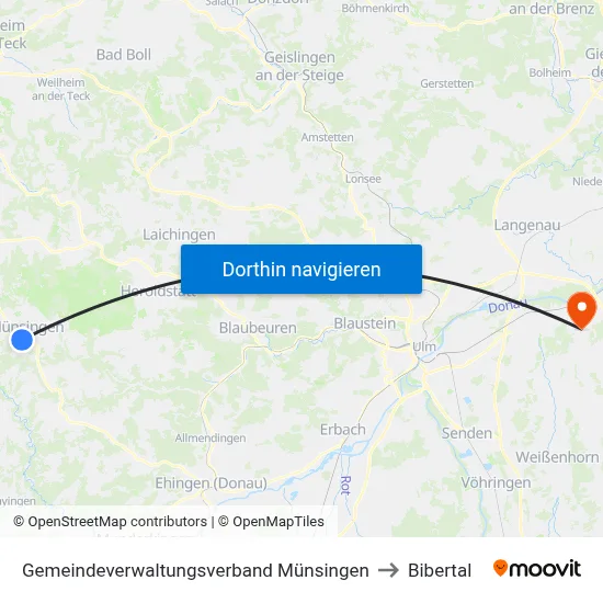 Gemeindeverwaltungsverband Münsingen to Bibertal map