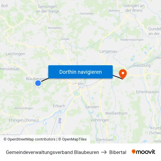 Gemeindeverwaltungsverband Blaubeuren to Bibertal map