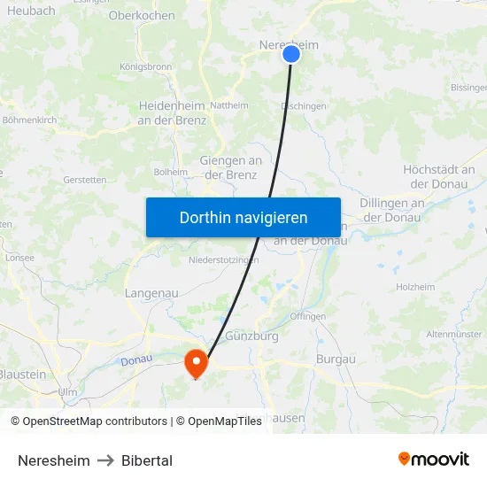 Neresheim to Bibertal map