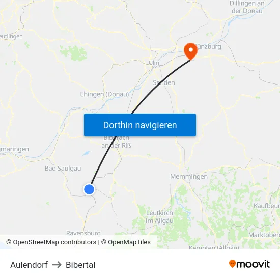 Aulendorf to Bibertal map