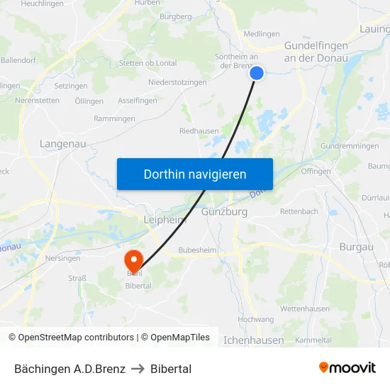 Bächingen A.D.Brenz to Bibertal map