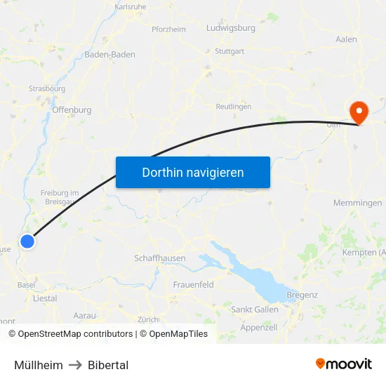 Müllheim to Bibertal map
