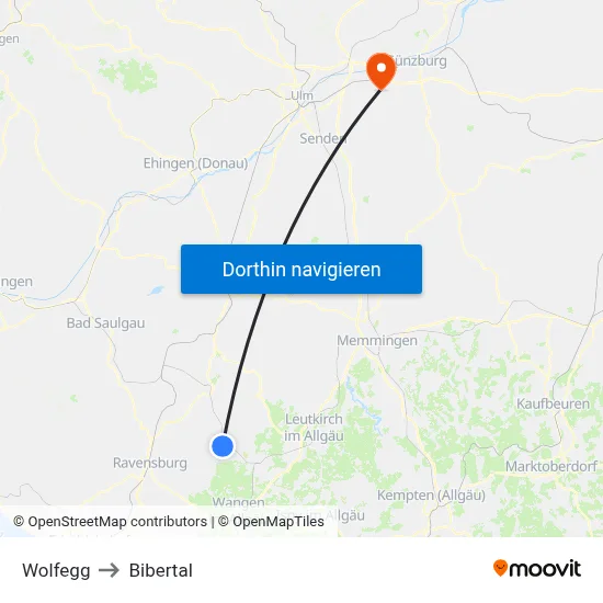 Wolfegg to Bibertal map