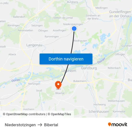 Niederstotzingen to Bibertal map