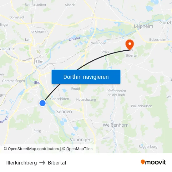 Illerkirchberg to Bibertal map