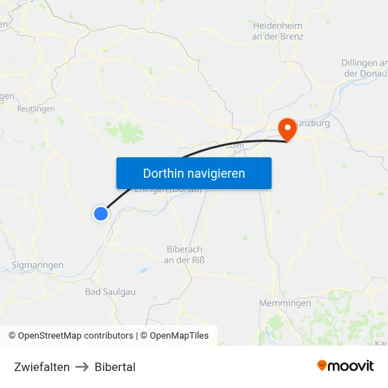Zwiefalten to Bibertal map