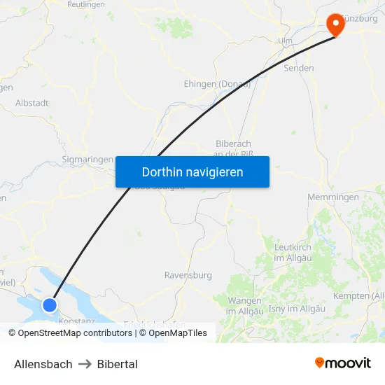 Allensbach to Bibertal map