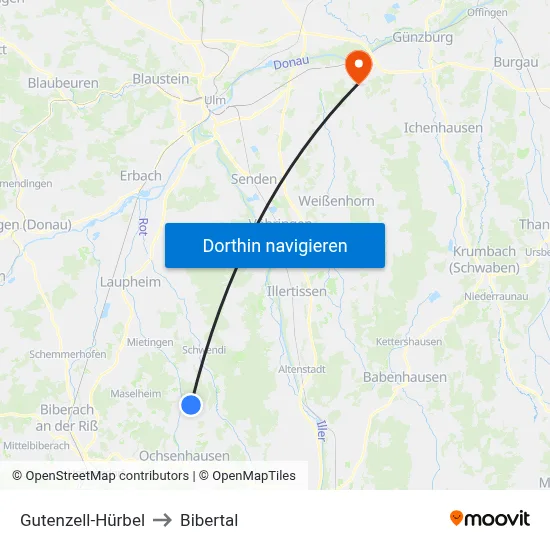 Gutenzell-Hürbel to Bibertal map
