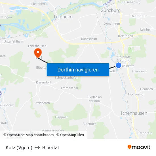 Kötz (Vgem) to Bibertal map