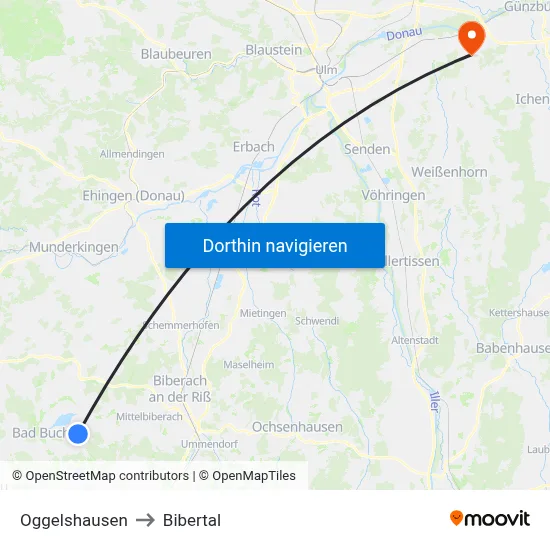 Oggelshausen to Bibertal map