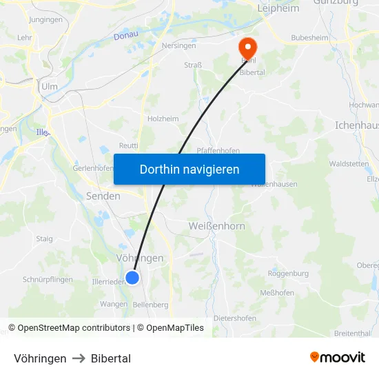 Vöhringen to Bibertal map