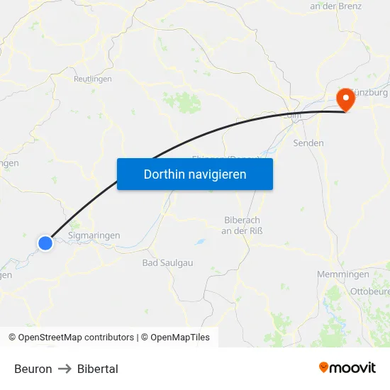 Beuron to Bibertal map