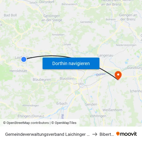Gemeindeverwaltungsverband Laichinger Alb to Bibertal map
