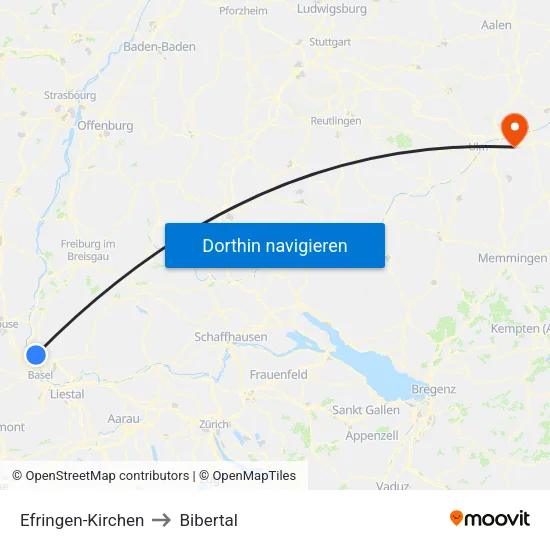 Efringen-Kirchen to Bibertal map