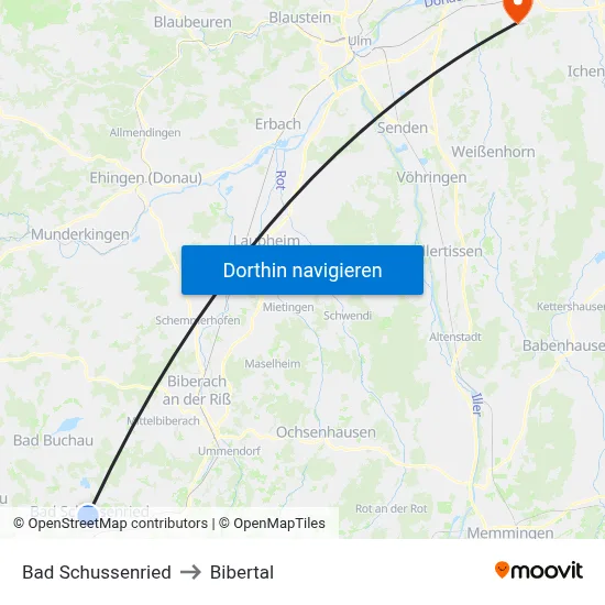 Bad Schussenried to Bibertal map