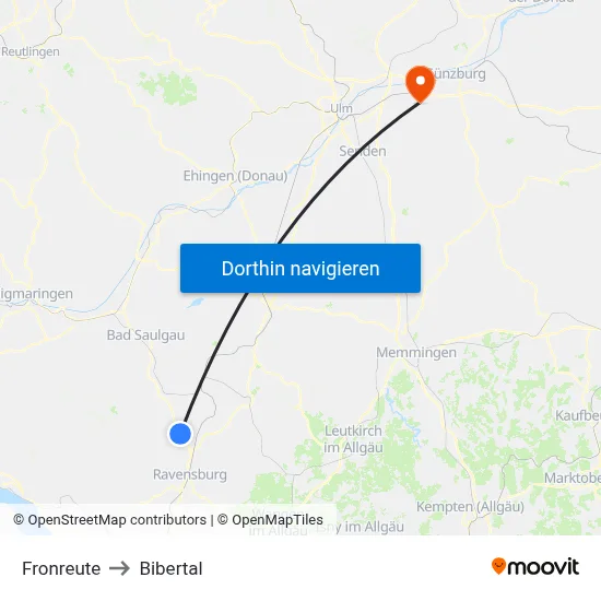Fronreute to Bibertal map