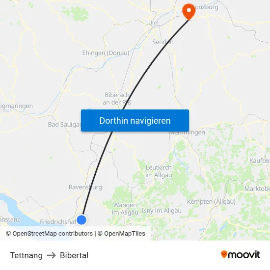 Tettnang to Bibertal map